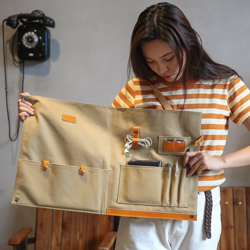 Three-purpose folding storage tote bag/portable/briefcase-Japanese special canvas water repellent Khaki - Handbags & Totes - Cotton & Hemp Khaki