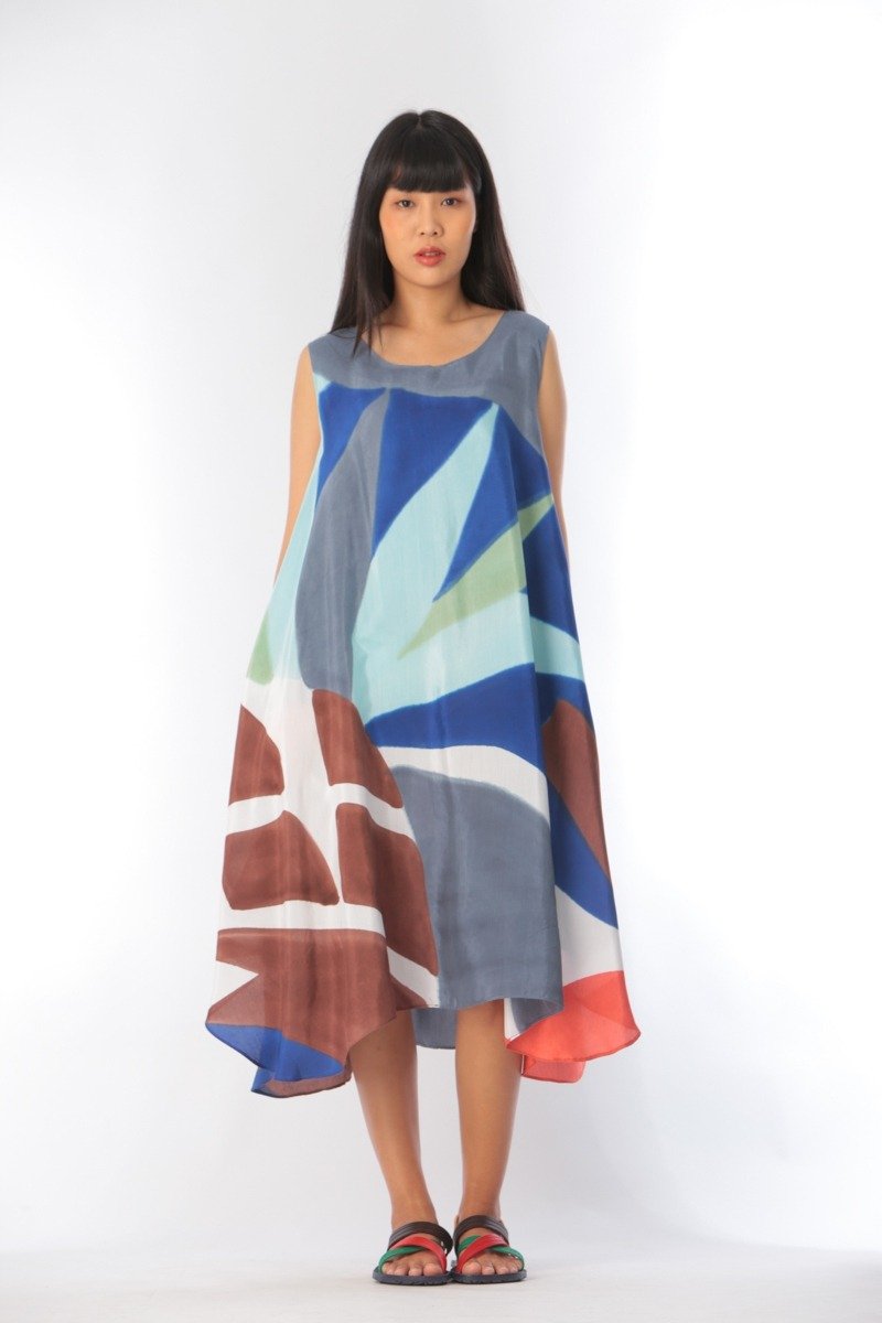 Dress Hand Paint Soft Cotton Silk for Yoga Vacation Holidays - 洋裝/連身裙 - 棉．麻 藍色