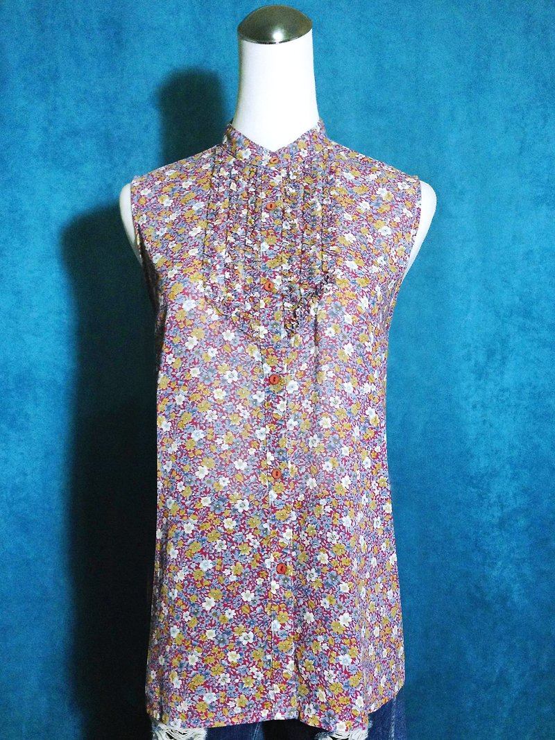 Ping-pong vintage [vintage shirt / collar flounced flowers sleeveless chiffon vintage shirt] abroad back VINTAGE - เสื้อเชิ้ตผู้หญิง - เส้นใยสังเคราะห์ หลากหลายสี