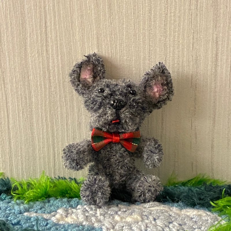 Black and gray French Bulldog (Christmas plaid) 9cm-hair root twist stick handmade/doll pet/Christmas gift - ตุ๊กตา - วัสดุอื่นๆ สีเทา