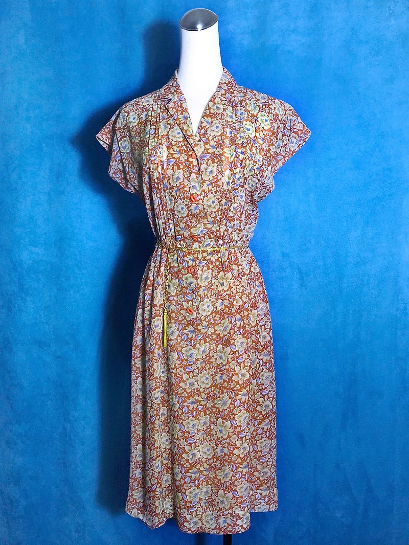 Flower orange short-sleeved vintage dress / abroad brought back VINTAGE - ชุดเดรส - เส้นใยสังเคราะห์ สีส้ม