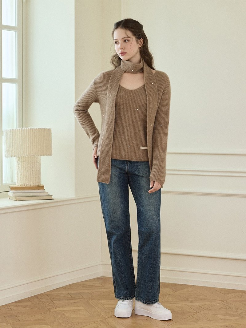 100% 喀什米爾羊絨 珍珠鈕釦 V 領毛衣 - 米色 - 女毛衣/針織衫 - 環保材質 卡其色