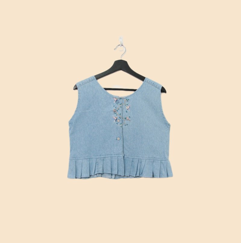 Back to Green-丹寧刺繡背心 低調 粉藤蔓 dv-32//vintage vest - 背心/無袖上衣 - 棉．麻 