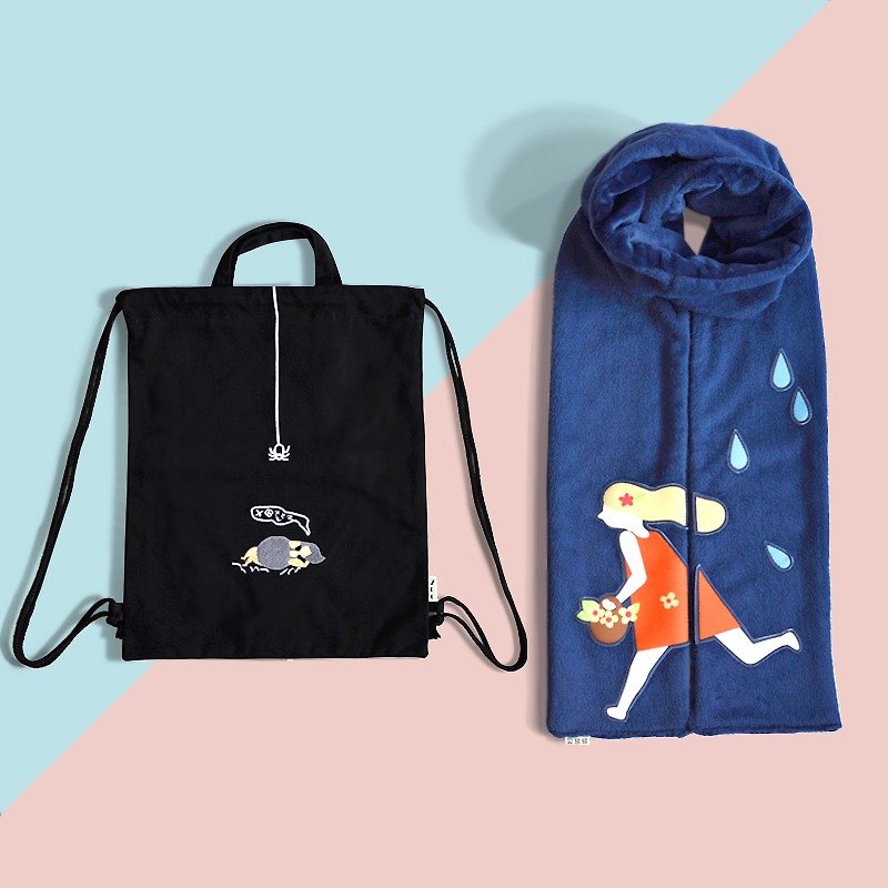 After Christmas each child cotton embroidery beam port backpack, hand-made plush illustration scarves combination gift - Scarves - Cotton & Hemp Blue