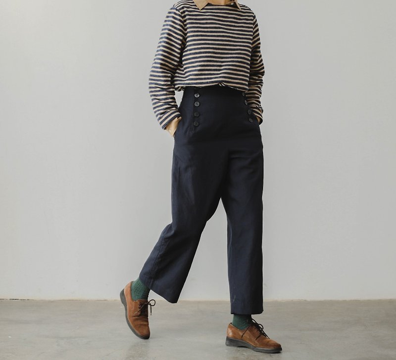 French retro girly tone navy style navy blue high-waisted straight casual pants - Women's Pants - Other Materials Blue