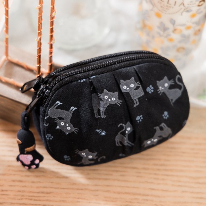 Small black cat cloth double-layer change/ stamp/small storage bag【820421837】 - Coin Purses - Cotton & Hemp Black