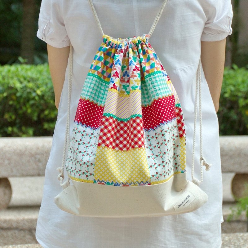Silverbreeze~ Bundle Back Backpack ~ Patchwork Pattern (a) (B33) - Drawstring Bags - Cotton & Hemp Multicolor