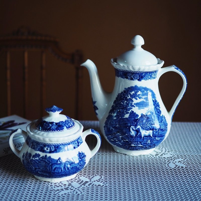 復古 英國老牌 Adams 經典藍白圖案 茶壺 + 糖罐 套裝 - 茶壺/茶杯/茶具 - 陶 藍色