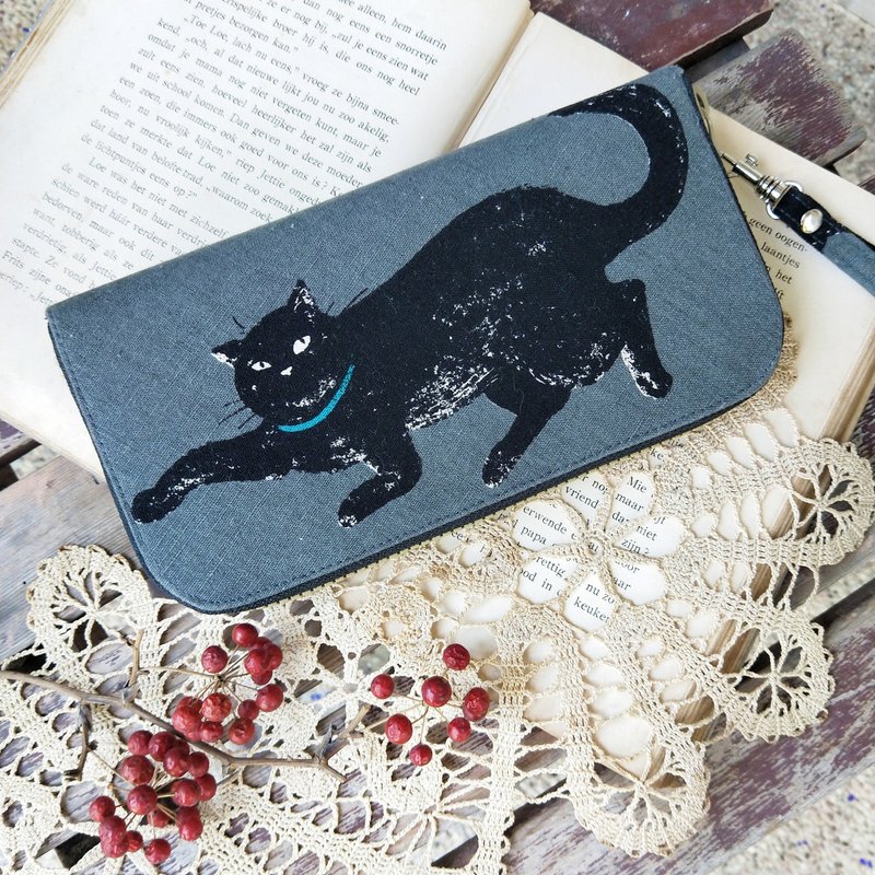 [Haori Handmade] New style cloth made of multi-layered long clip black cat style - Wallets - Other Materials Gray