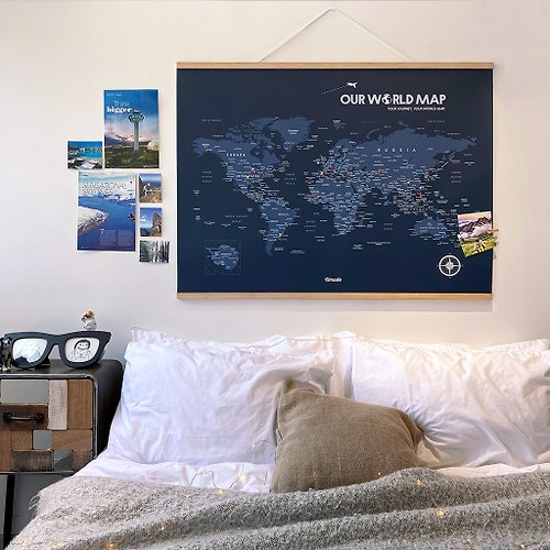 Umade 世界地圖-專屬訂製世界木框海報-海軍藍(客製化禮物)