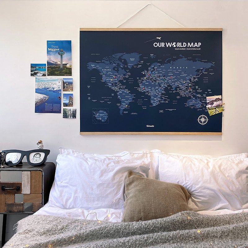 Personalized World Map (With Wood Frame)- Navy Blue - โปสเตอร์ - กระดาษ สีน้ำเงิน