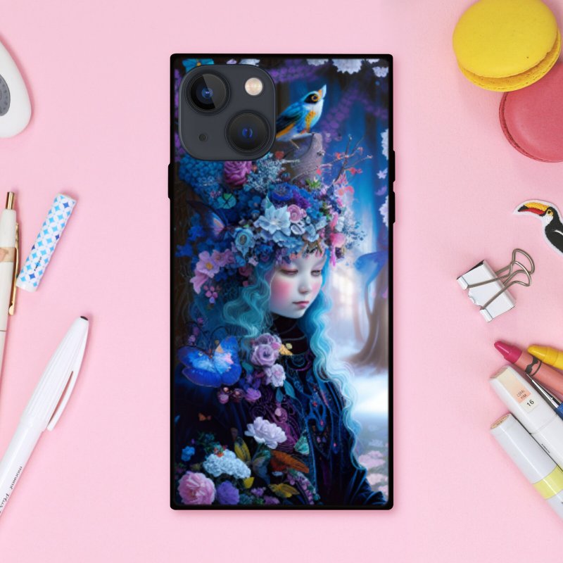 幻想的でシックできらびやかなゆめかわいい森の中の魔女と鳥や蝶や花 スクエア型スマホケース【強化ガラス仕上げ】iPhone16 対応 - 手機殼/手機套 - 塑膠 多色