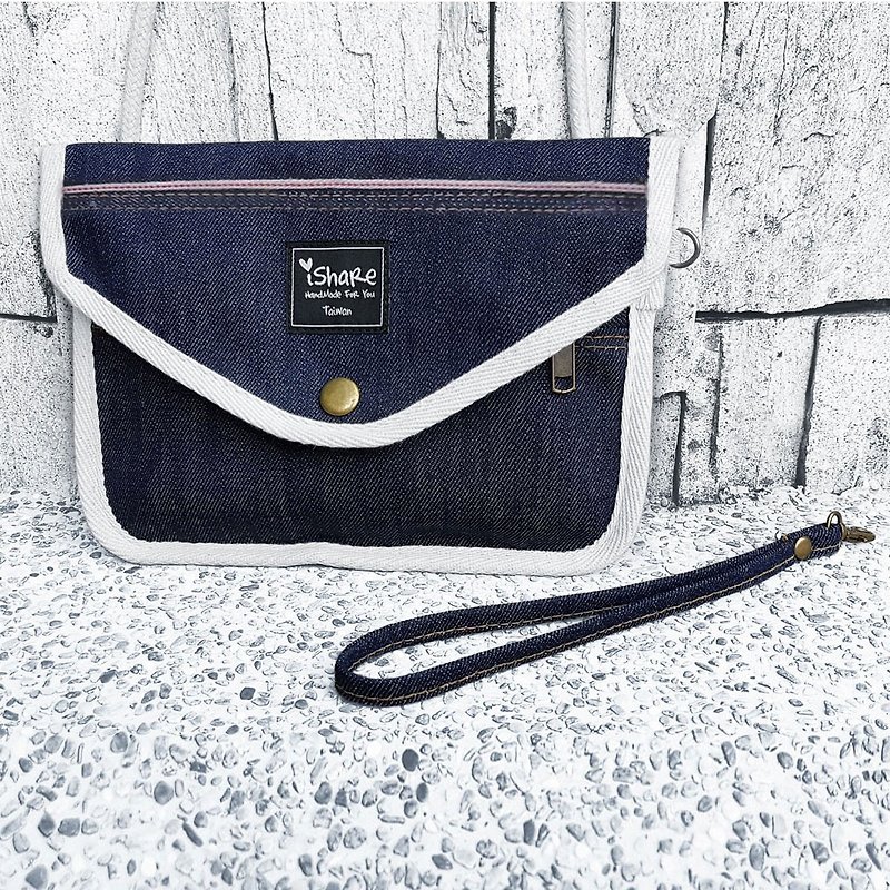 [Out-of-print discount] Double-layer zippered denim slanted shoulder bag/handle envelope bag - Clutch Bags - Cotton & Hemp Blue