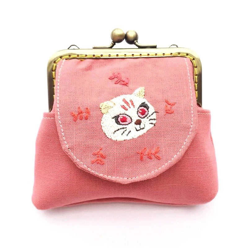 Embroidered cat mouth gold multi-purpose bag - Wallets - Cotton & Hemp Pink