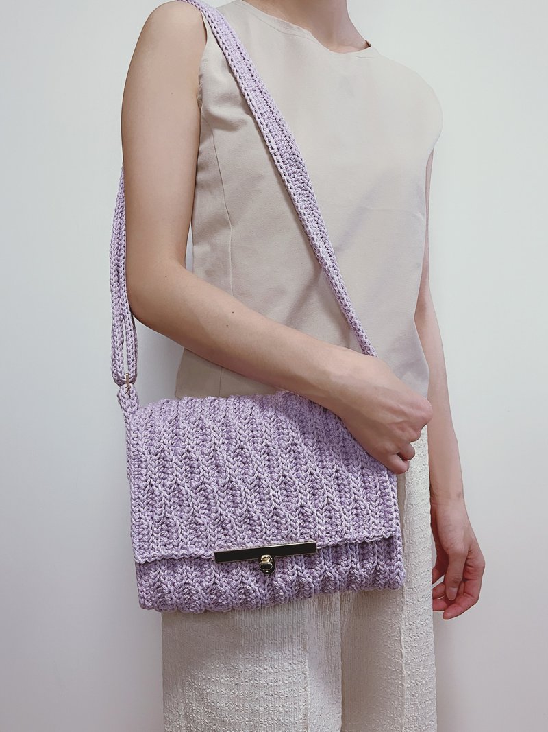 Handmade crochet Waves crossbody bag - viole crocheted knit cotton handbag purse - Messenger Bags & Sling Bags - Cotton & Hemp Purple