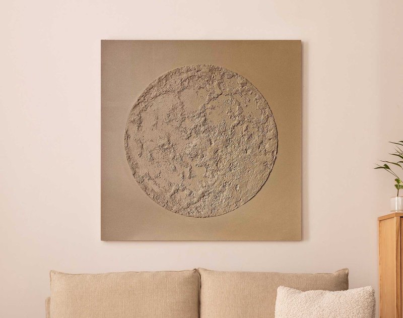 Moon Painting on Canvas | Moon Painting on Beige Acrylic | Brown Moon - 壁貼/牆壁裝飾 - 棉．麻 咖啡色