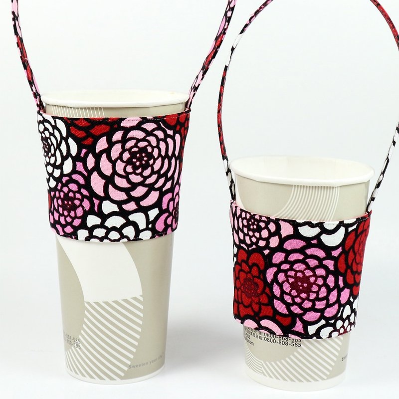 飲料杯套 環保杯套 提袋- 彩繪玻璃 花 (紅) - 飲料提袋/杯袋/杯套 - 棉．麻 紅色
