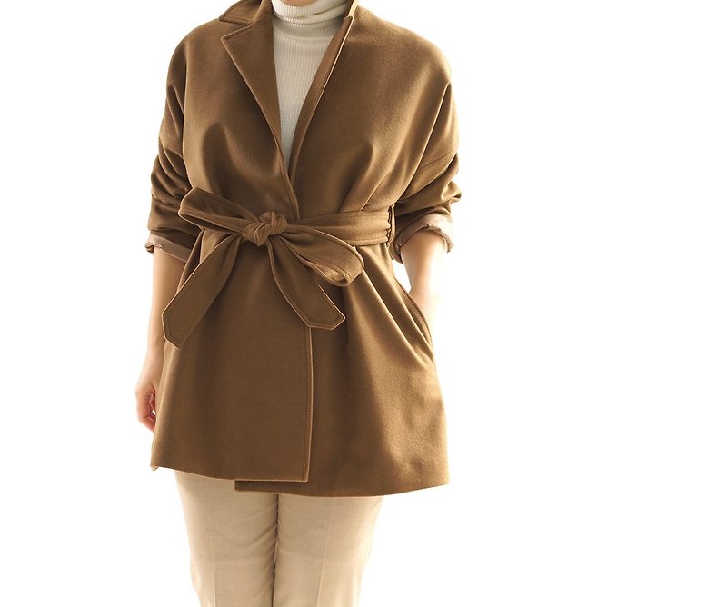 wool drop shoulder tailored coat lining / olive brown b23-28 - เสื้อแจ็คเก็ต - วัสดุอื่นๆ สีนำ้ตาล