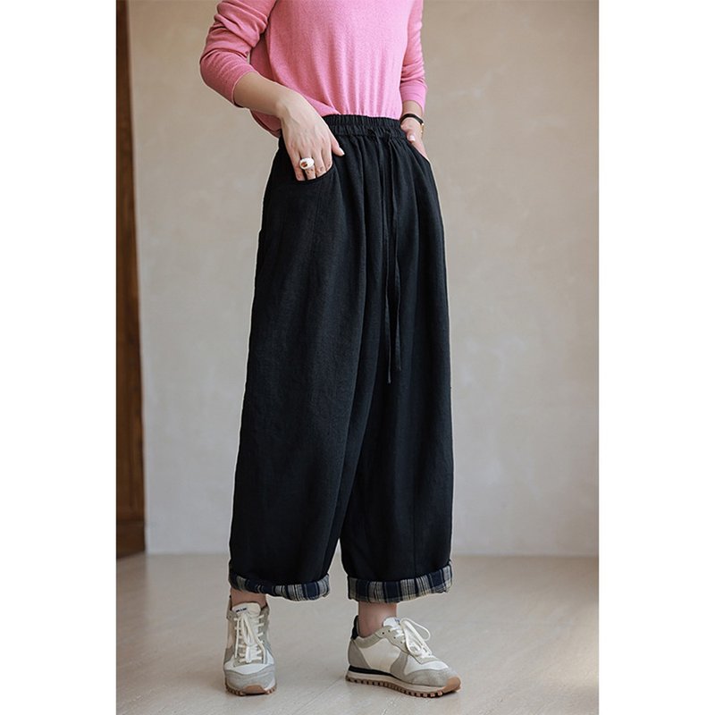 三色入漢麻夾棉松緊腰抽繩雙層格子拼接文藝百搭休閒棉褲三季可穿 - 女長褲 - 棉．麻 