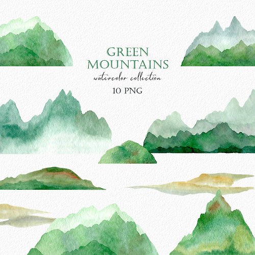 AsyaShuArt Green Mountains landscapes, Nature Watercolor clipart