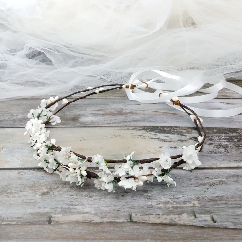 新娘花冠 歐陸田園風花環【迷你小白花】C17 - 髮夾/髮圈 - 絲．絹 白色