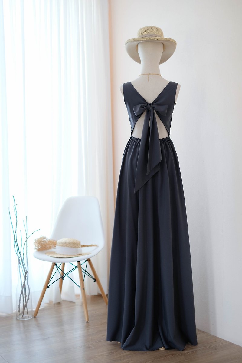 Charcoal gray bridesmaid maxi dress bow back prom party cocktail evening dress - Evening Dresses & Gowns - Other Materials Gray