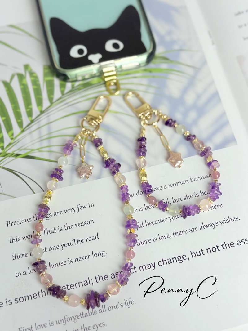 Crystal Charm, Phone Charm, Phone Lanyard, Amethyst, Rose Quartz, Strawberry Quartz, Moonstone, Good Relationships - Charms - Crystal 