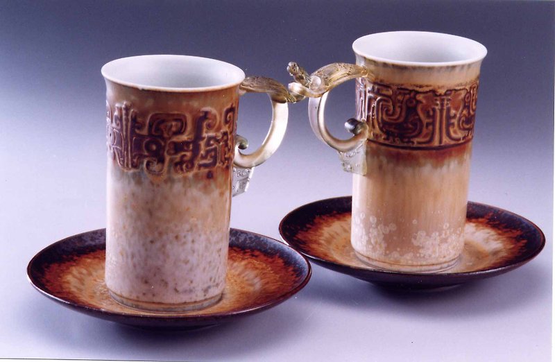 Dragon and Phoenix Acacia pair cup - แก้ว - เครื่องลายคราม 