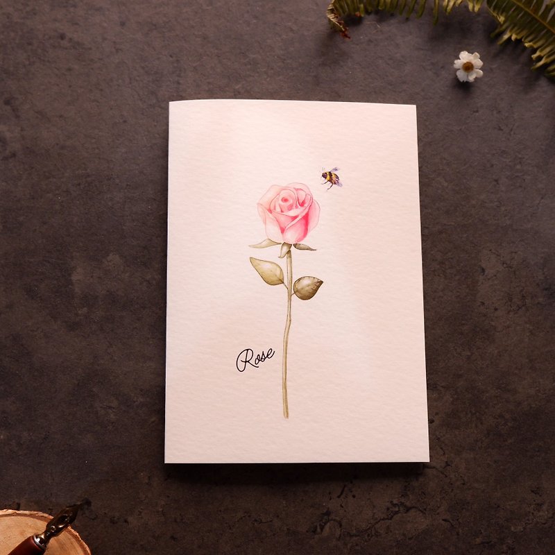 【綻放花卉與祝福】- 粉色玫瑰 歐洲進口米色紋路折疊卡片及信封 - 心意卡/卡片 - 紙 粉紅色