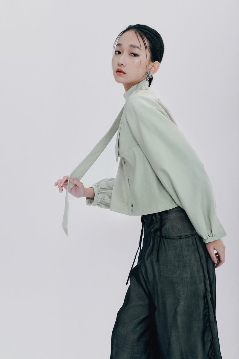 霧綠領帶兩穿式襯衫 - 女上衣/長袖上衣 - 聚酯纖維 綠色