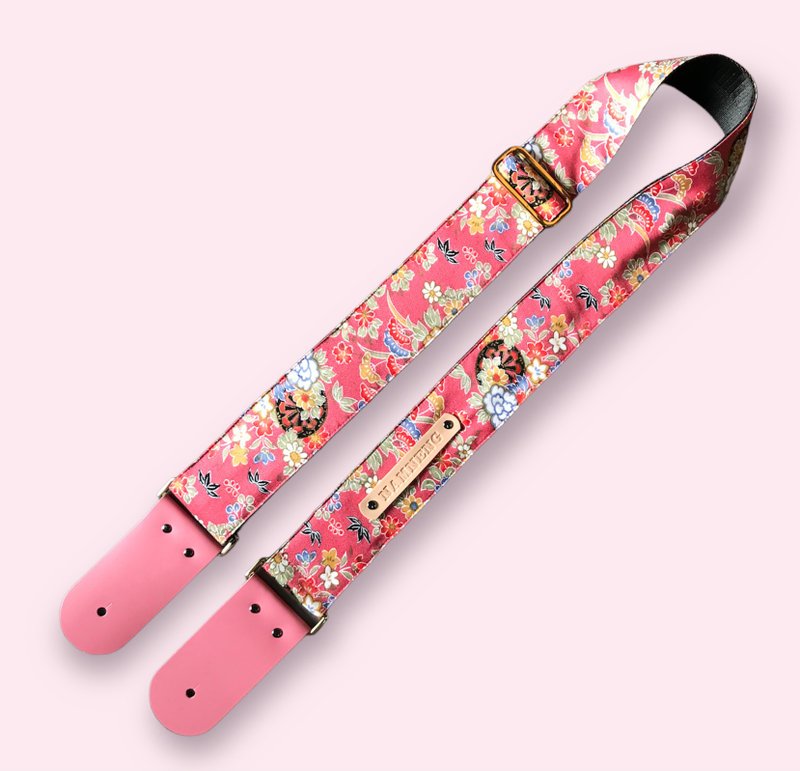 Orange Pink Flora  Guitar Strap, Genuine Leather Guitar Strap - 其他 - 棉．麻 粉紅色