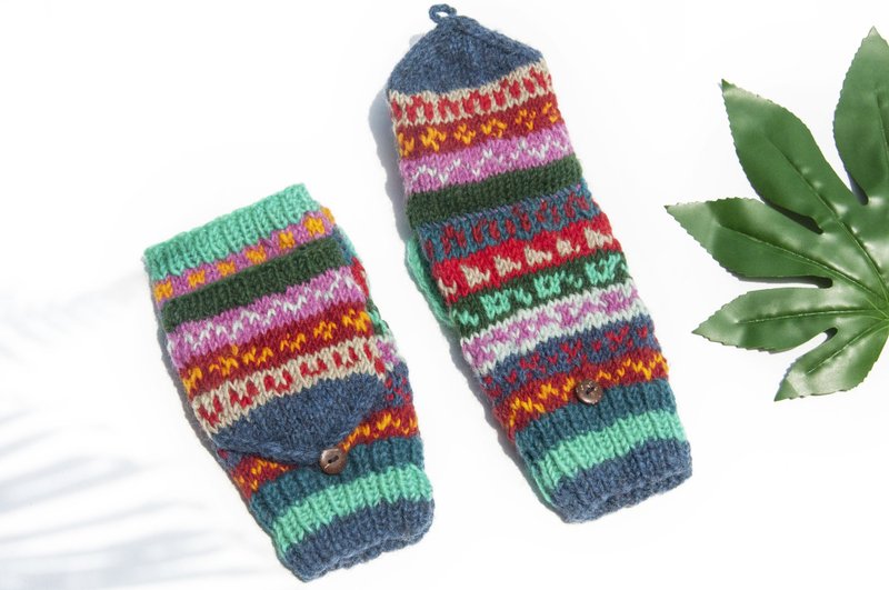 手織純羊毛針織手套/可拆卸保暖手套/內刷毛手套/觸控手套-北歐 - 手套 - 羊毛 多色