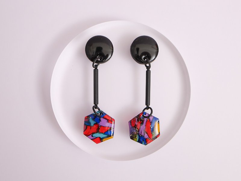 Stained glass style pierced Clip-On/surgical Stainless Steel/allergy to metal 56 - Earrings & Clip-ons - Clay Multicolor