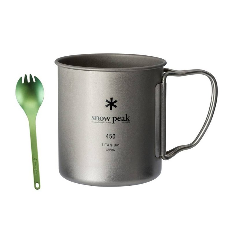 Christmas limited edition - titanium light travel set (titanium metal single-layer cup 450ml + titanium spoon and fork + gift bag) - Cups - Other Metals Silver