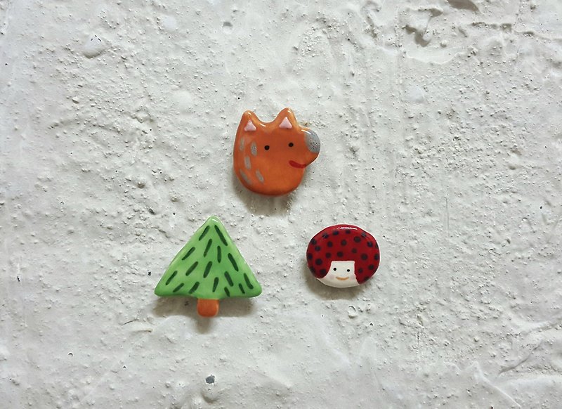 Red Riding Hood Girl + Wild Wolf Friends + Little Forest Ceramic Pins (Group) - Brooches - Pottery Multicolor