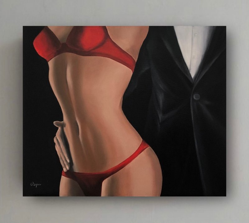 Original Black And Red Oil Painting On Canvas Women Painting Romantic Painting - 壁貼/牆壁裝飾 - 棉．麻 黑色