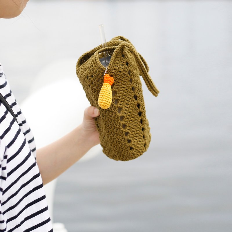 Olive Green-Eco-friendly Cup Bag + Charm Drink Bag Water Bottle Bag Hand Woven - Beverage Holders & Bags - Cotton & Hemp Green