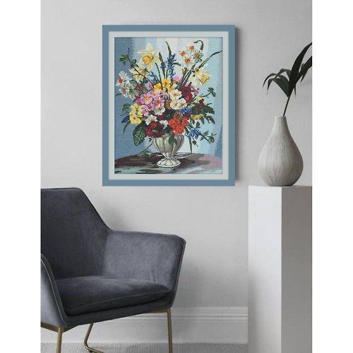 RomanovaCrossStitch Handmade Flower Bouquet Thread Painting Canvas Wall Art Picture for Living Room
