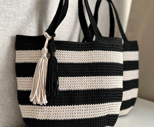 XXL Beach Shopping,Crochet Bag, Stripes black white,large, Cotton shops