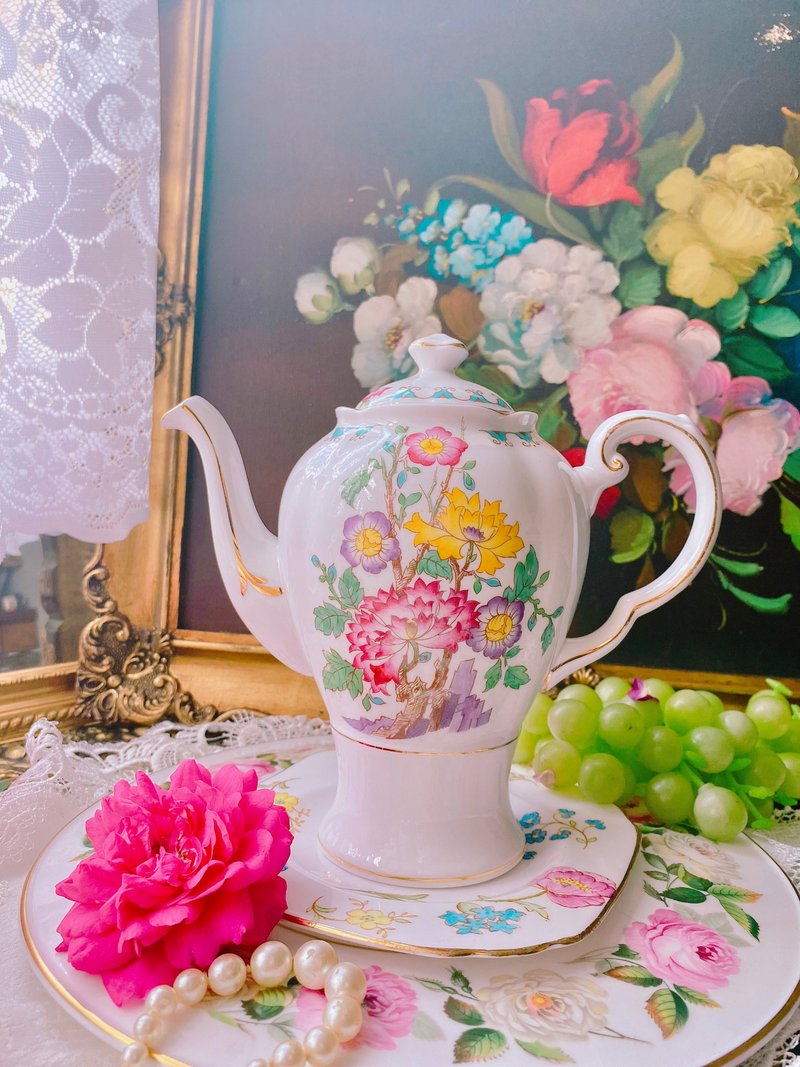 英國骨瓷1947 年Wedgwood集團 Tuscan手繪古董花茶壺咖啡壺完整 - 茶壺/茶杯/茶具 - 瓷 多色