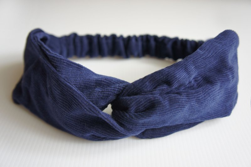 Dark blue corduroy / handmade elastic headband - เครื่องประดับผม - ผ้าฝ้าย/ผ้าลินิน สีน้ำเงิน