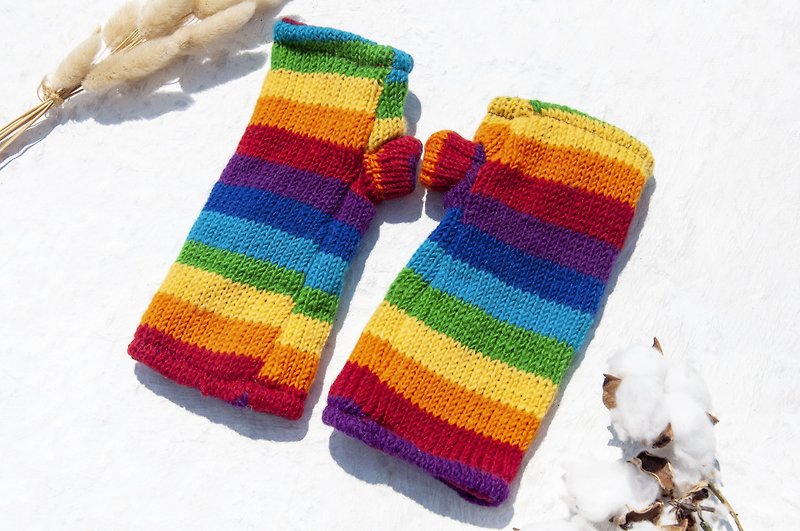 Hand-woven pure wool knitted gloves/open-toed gloves/inner bristle gloves/warm gloves-Nordic rainbow stripes to keep warm - ถุงมือ - ขนแกะ หลากหลายสี