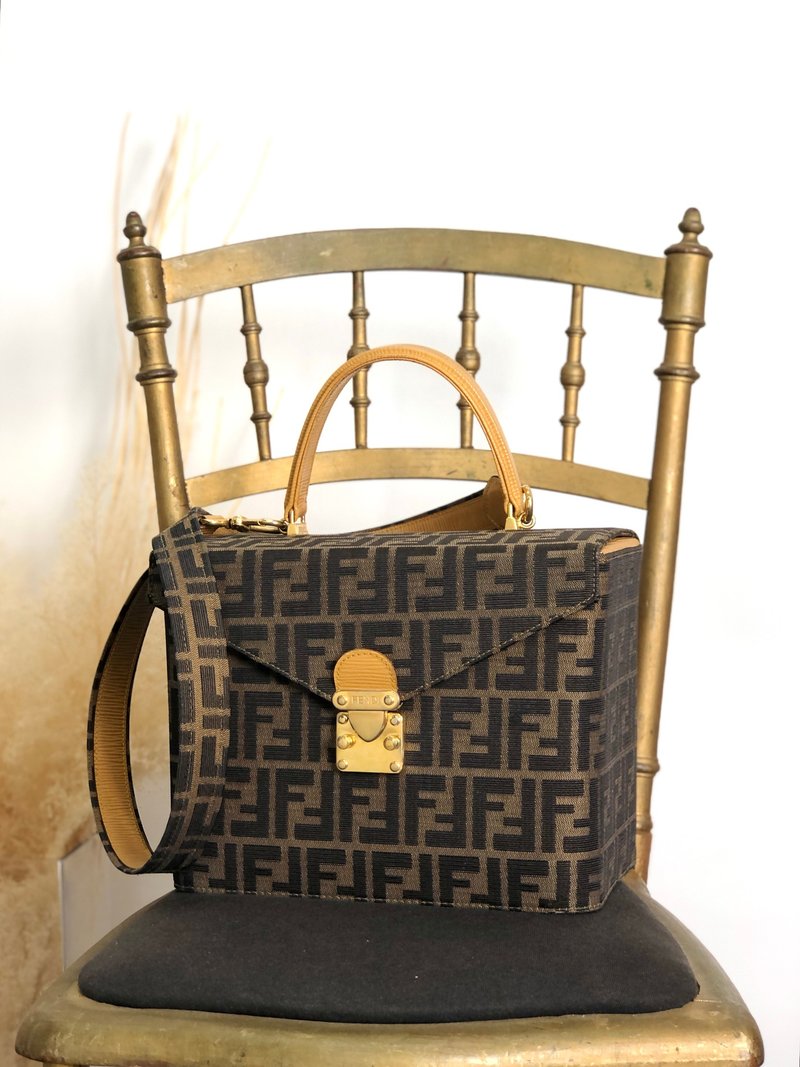 【 日本直送　名牌中古包 】FENDI フェンディ ズッカ ハンドバッグ ブラウン ロック ジャガード 2way バニティバッグ vintage  zxeb84 - 手提包/手提袋 - 棉．麻 咖啡色