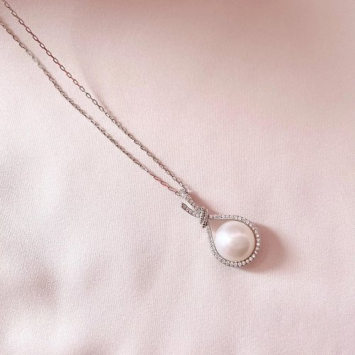 Elegant 珍愛宣言 福袋造型天然珍珠亮鑽純銀項鍊