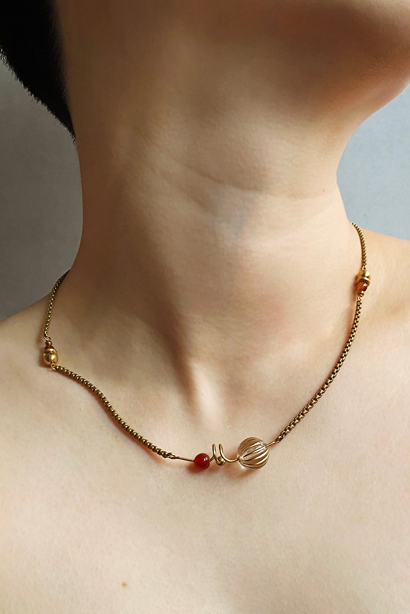 Ruby Spiral Clavicle Chain - Bronze Necklace - Necklaces - Copper & Brass Gold