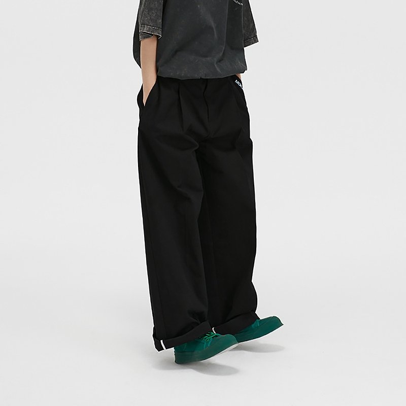 MOKACME 2023SS spring and summer trend loose drape workwear twill retro straight trousers (three colors) - กางเกงขายาว - ผ้าฝ้าย/ผ้าลินิน สีดำ