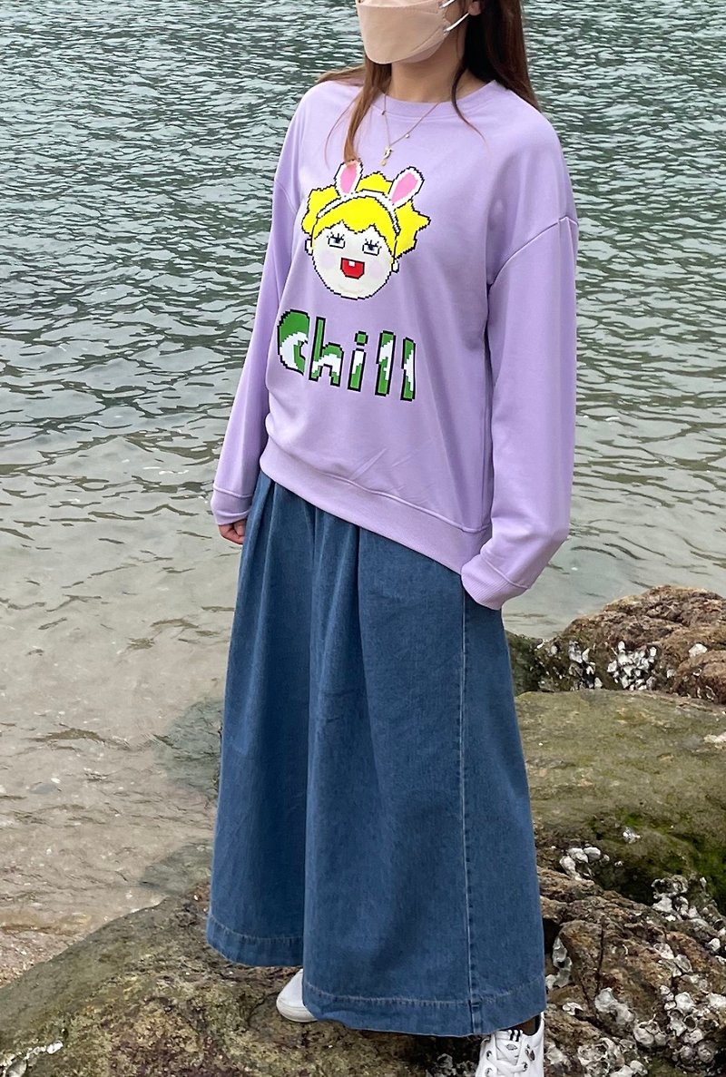 像素風系列-可愛CHILL肥妹 - T 恤 - 棉．麻 紫色