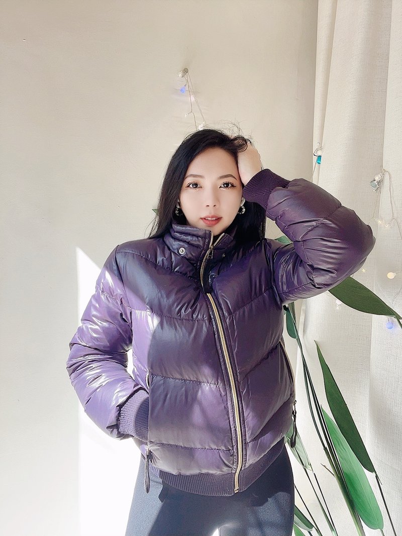 lee 紫羅蘭亮面金鏈暖暖青澀少女 古董古著羽絨澎厚磅外套vintage - 女大衣/外套 - 羽絨 紫色