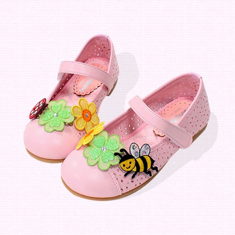 Girl doll shoes with Bee & ladybugs - pink - รองเท้าเด็ก - หนังเทียม ขาว