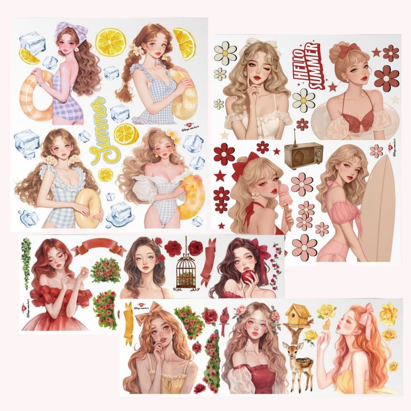 5% Off Set_LOPO Summer Girl Character 3-Pack Set - 貼紙 - 紙 